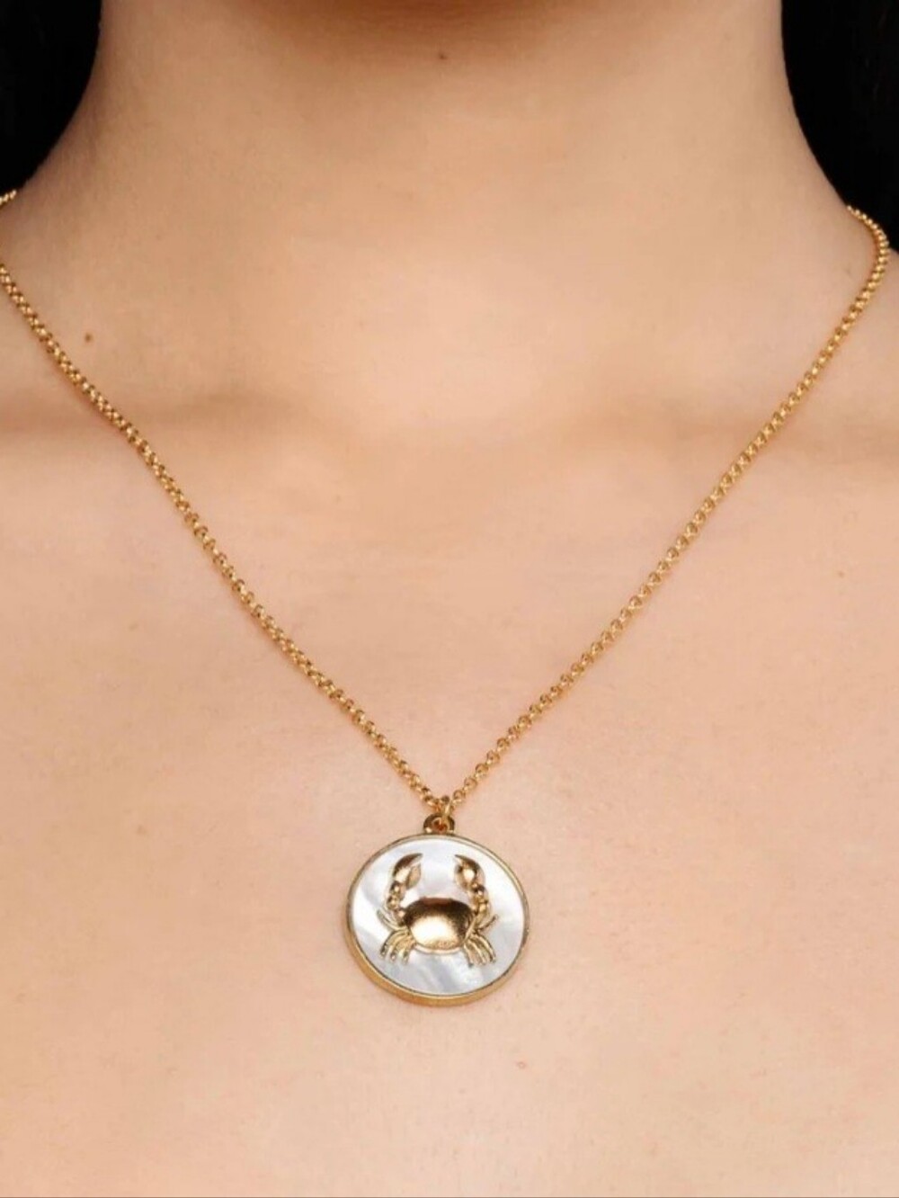 Gold Zodiac Cancer Pendant Necklace with Mother-of-Pearl Accent - Women Jewelry
